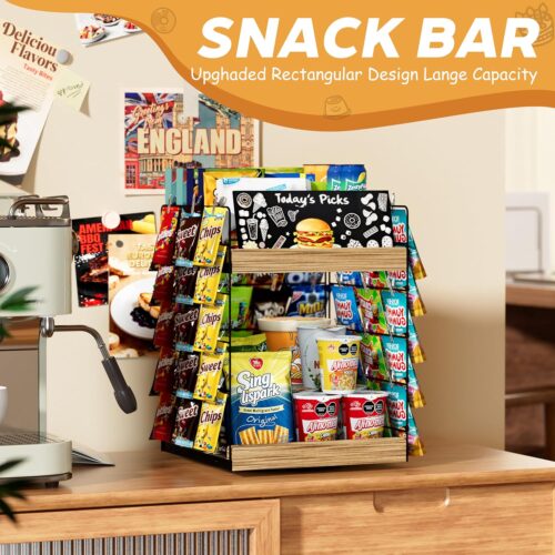 Emfogo Chip Rack Display Stand, 6 Tiers 50 Clips Snack Organizer, 360° Rotating Wood Base Candy Display Rack, Portable Retail Display Shelf for Countertop, Office, Store, Kitchen