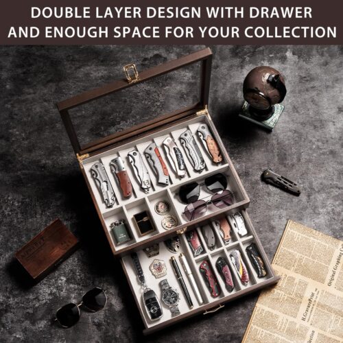 Emfogo Pocket Knife Display Case for Collection of 18-24 Folding Knives, Pocket Case with Real Glass Window Top, Two-Tier Knife Organizer Storage Box, Men's Gift