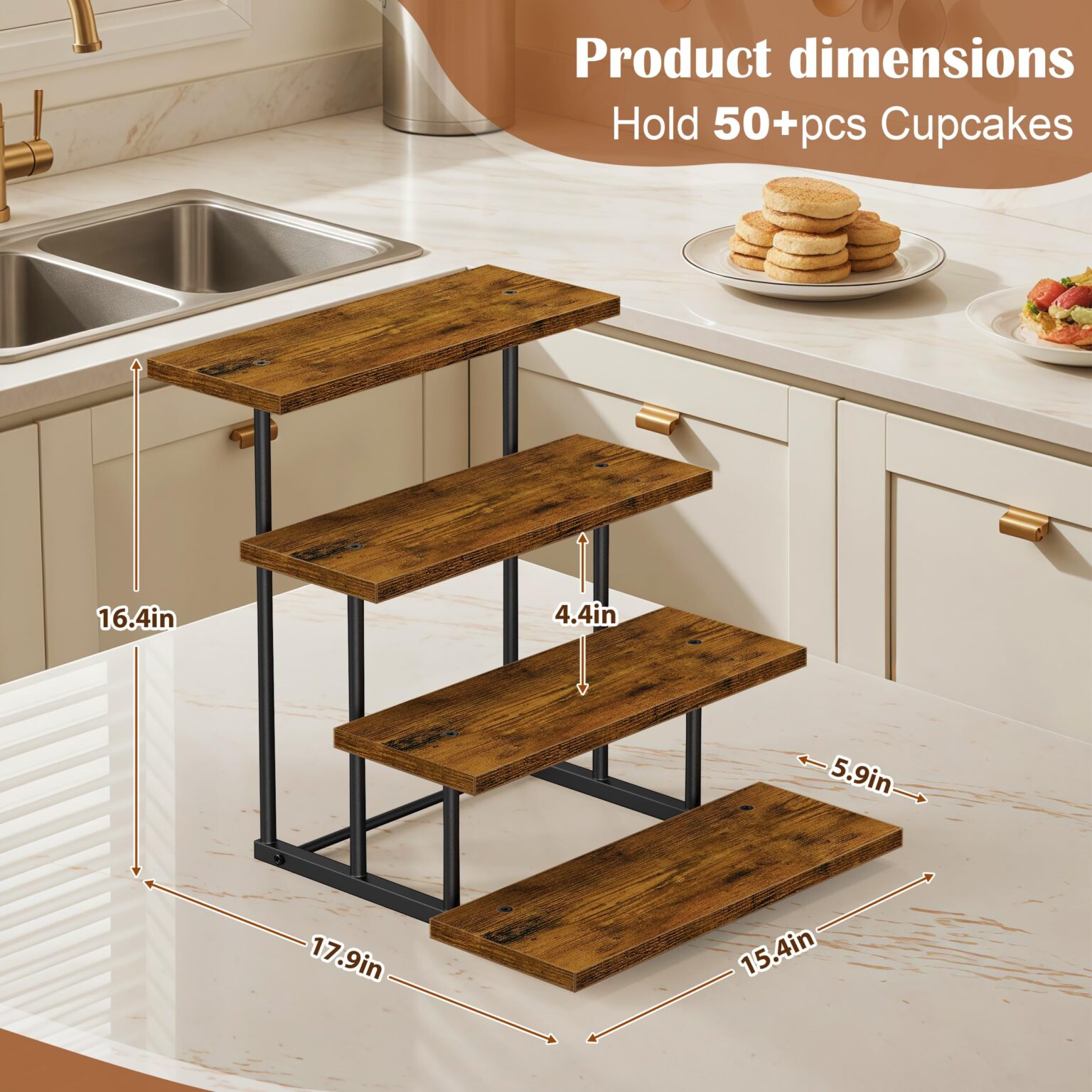 Emfogo Wooden Cupcake Display Stand, 4 Tier Rectangular Tiered Dessert Stands, Cupcake Display Risers for Vendor Booth Dessert Table Party Wood Serving Tray for Cup Cake Cookie Foo