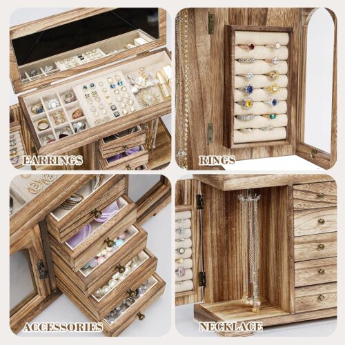 Emfogo Jewelry Box for Women Girls, Rustic Wooden Jewelry Organizer Box with Mirror, 5 Layer Jewelry Storage Case Display for Necklaces Earrings Rings Bracelets Valentine's Day