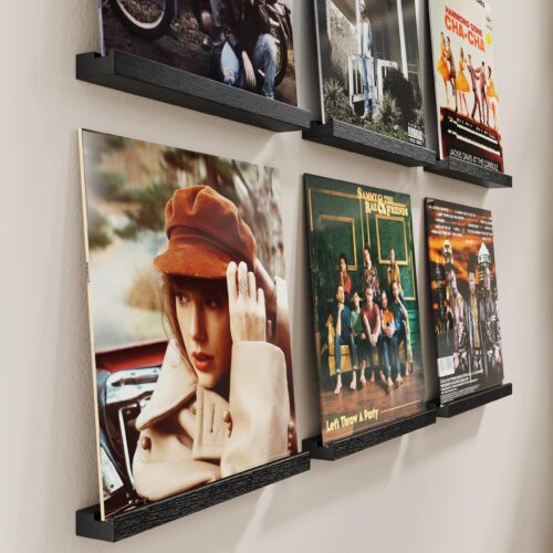 Emfogo Vinyl Record Shelf Wall Mount, 6 Pack Album Record Holder Wall, 12 inch Vinyl Record Storage Shelves Wall, Wood Record Display for Living Room