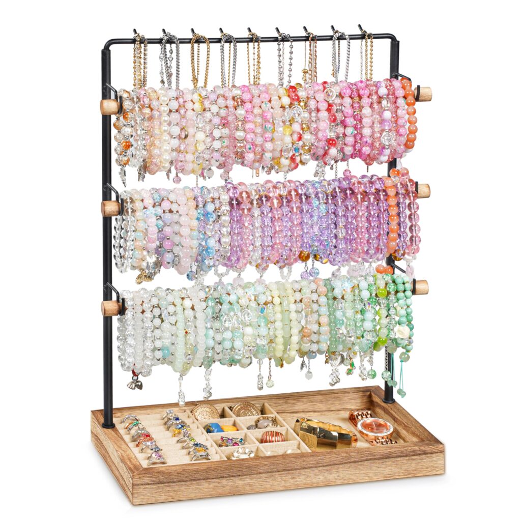 Emfogo Jewelry Organizer Stand, 5 Layer Wood & Metal Bracelet Holder with Necklace Holder Pole, Large Capacity Jewelry Display Holder for Bracelets Necklaces Rings Watches