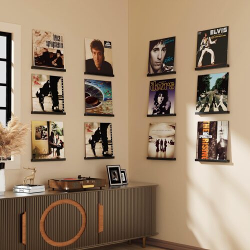 Emfogo Vinyl Record Shelf Wall Mount, 12 Pack Album Record Holder Wall, 12 inch Vinyl Record Storage Shelves Wall, Wood Record Display for Living Room