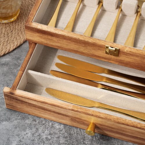 Emfogo Wooden Silverware Storage Box - 2 Layer Carbonized Black