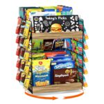 Emfogo Chip Rack Display Stand, 6 Tiers 50 Clips Snack Organizer, 360° Rotating Wood Base Candy Display Rack, Portable Retail Display Shelf for Countertop, Office, Store, Kitchen