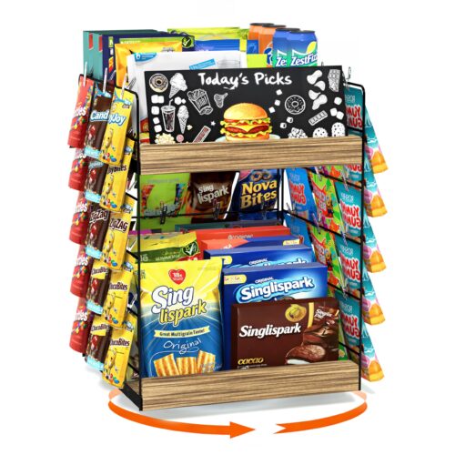 Emfogo Chip Rack Display Stand, 6 Tiers 50 Clips Snack Organizer, 360° Rotating Wood Base Candy Display Rack, Portable Retail Display Shelf for Countertop, Office, Store, Kitchen