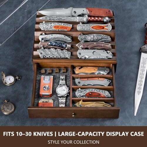 Emfogo Wooden Knife Display Case with Clear Lid – Pocket Knife Display for Collections, 2-Tier Storage & EDC Organizer
