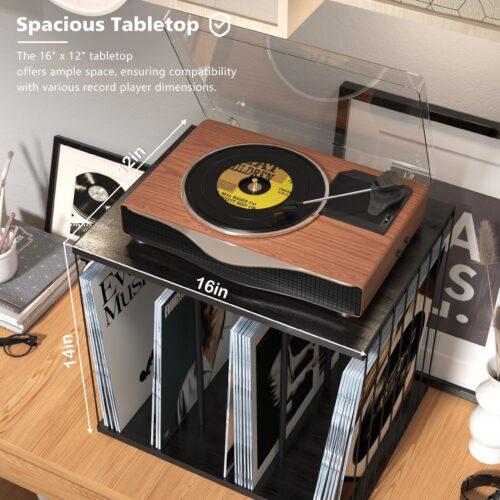 Emfogo Vinyl Record Storage, Metal & Wooden Vinyl Record Holder Up to 80 Album, 3-Compartment Record Player Stand for Magazine, Book, Files, Albums