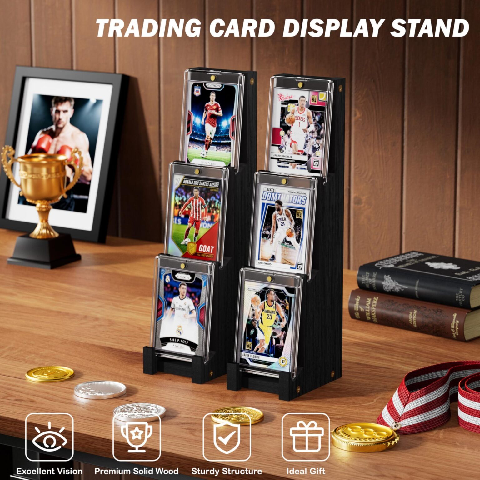 Emfogo Card Display Stand 2 Pack, Wooden 3 Tier Sports Graded Card Display