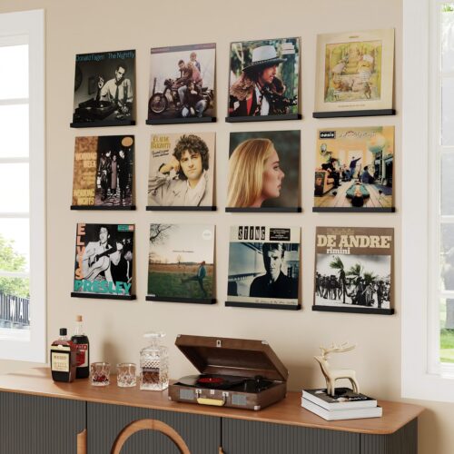 Emfogo Vinyl Record Shelf Wall Mount, 12 Pack Album Record Holder Wall, 12 inch Vinyl Record Storage Shelves Wall, Wood Record Display for Living Room