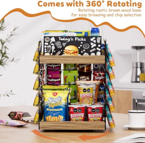 Emfogo Chip Rack Display Stand, 6 Tiers 50 Clips Snack Organizer, 360° Rotating Wood Base Candy Display Rack, Portable Retail Display Shelf for Countertop, Office, Store, Kitchen