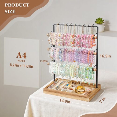 Emfogo Jewelry Organizer Stand, 5 Layer Wood & Metal Bracelet Holder with Necklace Holder Pole, Large Capacity Jewelry Display Holder for Bracelets Necklaces Rings Watches