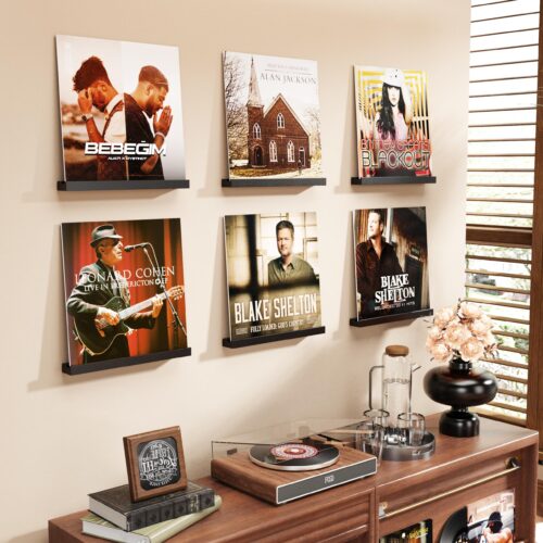 Emfogo Vinyl Record Shelf Wall Mount, 6 Pack Album Record Holder Wall, 12 inch Vinyl Record Storage Shelves Wall, Wood Record Display for Living Room