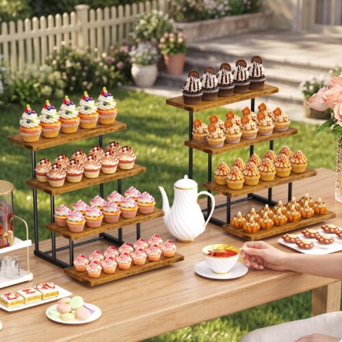 Emfogo Wooden Cupcake Display Stand, 4 Tier Rectangular Tiered Dessert Stands, Cupcake Display Risers for Vendor Booth Dessert Table Party Wood Serving Tray for Cup Cake Cookie Foo