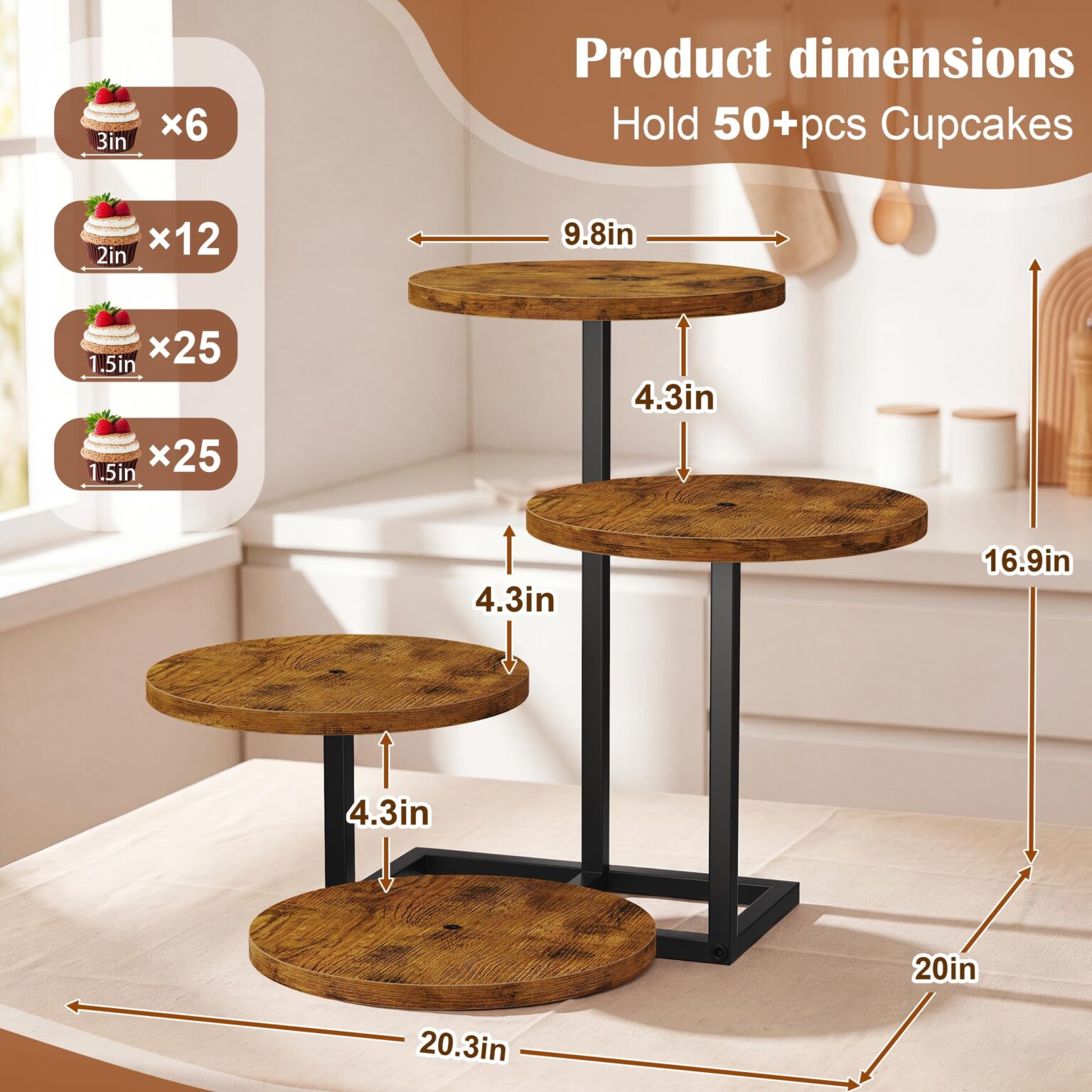 Emfogo 4 Tier Cupcake Stand for 50 Cupcakes, Wooden Round Cupcake Tower Stand, Dessert Display for Wedding Birthday Party Afternoon Tea Rustic Tiered Tray for Cake Cookies Food