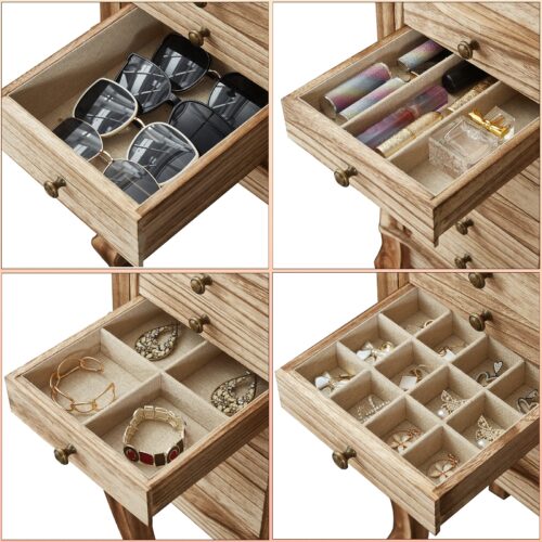 Emfogo Jewelry Box for Women, Rustic Wooden Jewelry Boxes & Organizers with Mirror, 4 Layer Jewelry Organizer Box Display for Rings Earrings Necklaces Bracelets