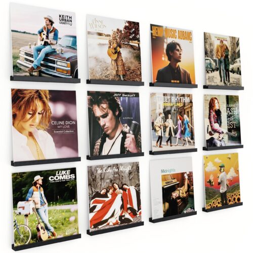 Emfogo Vinyl Record Shelf Wall Mount, 12 Pack Album Record Holder Wall, 12 inch Vinyl Record Storage Shelves Wall, Wood Record Display for Living Room