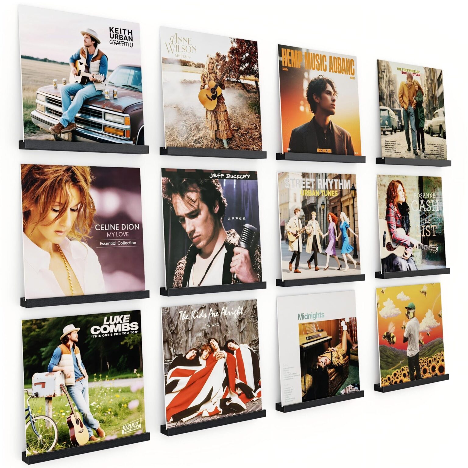 Emfogo Vinyl Record Shelf Wall Mount, 12 Pack Album Record Holder Wall, 12 inch Vinyl Record Storage Shelves Wall, Wood Record Display for Living Room