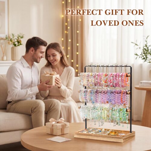 Emfogo Jewelry Organizer Stand, 5 Layer Wood & Metal Bracelet Holder with Necklace Holder Pole, Large Capacity Jewelry Display Holder for Bracelets Necklaces Rings Watches