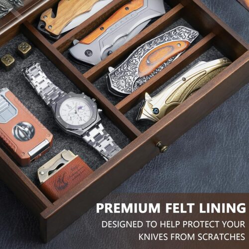 Emfogo Wooden Knife Display Case with Clear Lid – Pocket Knife Display for Collections, 2-Tier Storage & EDC Organizer