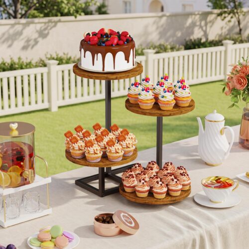 Emfogo 4 Tier Cupcake Stand for 50 Cupcakes, Wooden Round Cupcake Tower Stand, Dessert Display for Wedding Birthday Party Afternoon Tea Rustic Tiered Tray for Cake Cookies Food