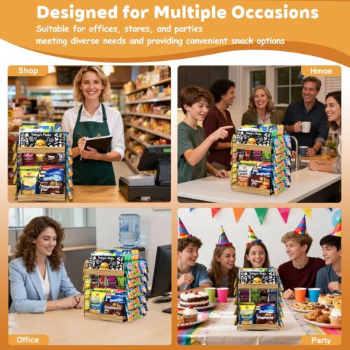 Emfogo Chip Rack Display Stand, 6 Tiers 50 Clips Snack Organizer, 360° Rotating Wood Base Candy Display Rack, Portable Retail Display Shelf for Countertop, Office, Store, Kitchen