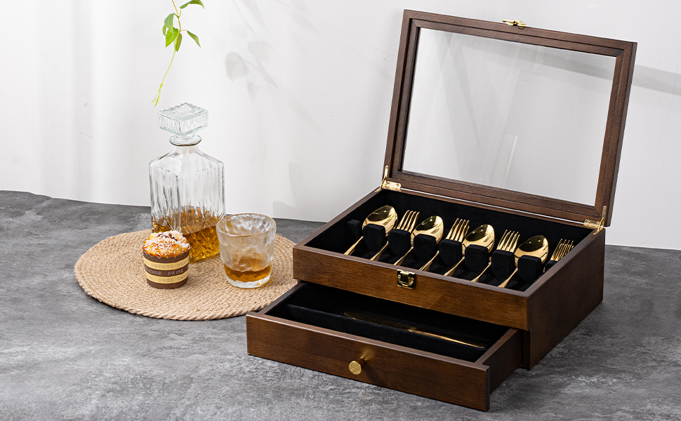 Emfogo Wooden Silverware Storage Box with Drawer, Flatware Organizer for Utensils product details