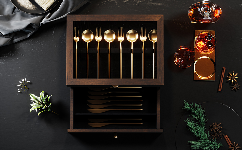 Emfogo Wooden Silverware Storage Box with Drawer, Flatware Organizer for Utensils product details