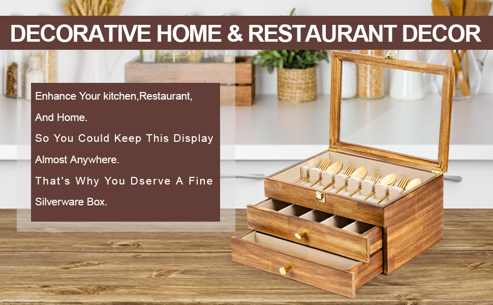 Emfogo Wooden Silverware Storage Box with Drawer, Flatware Organizer for Utensils product details