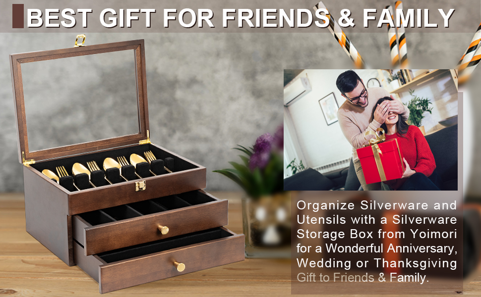 Emfogo Wooden Silverware Storage Box with Drawer, Flatware Organizer for Utensils product details