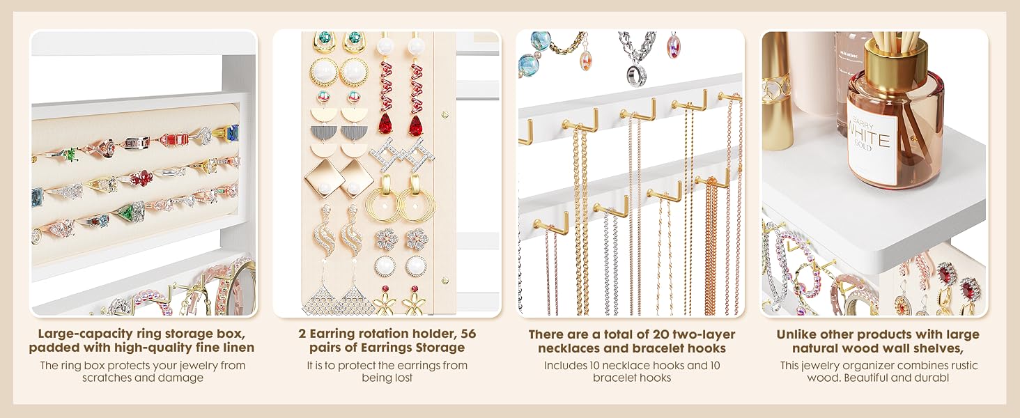 Emfogo Jewelry Organizer Hanging Wall Mounted Jewelry Holder, 5-in-1 Large Capacity Rustic Wood Necklace Wall product details