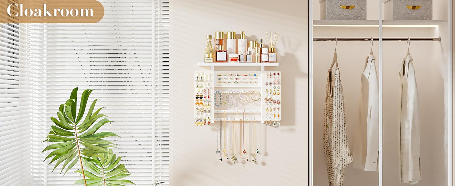 Emfogo Jewelry Organizer Hanging Wall Mounted Jewelry Holder, 5-in-1 Large Capacity Rustic Wood Necklace Wall product details