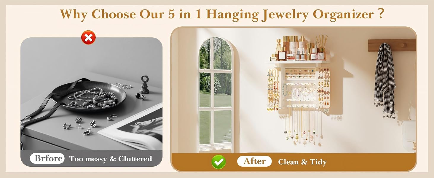 Emfogo Jewelry Organizer Hanging Wall Mounted Jewelry Holder, 5-in-1 Large Capacity Rustic Wood Necklace Wall product details