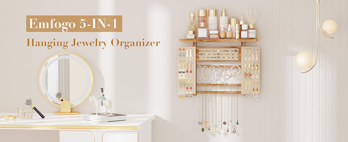 Emfogo Jewelry Organizer Hanging Wall Mounted Jewelry Holder, 5-in-1 Large Capacity Rustic Wood Necklace Wall product details