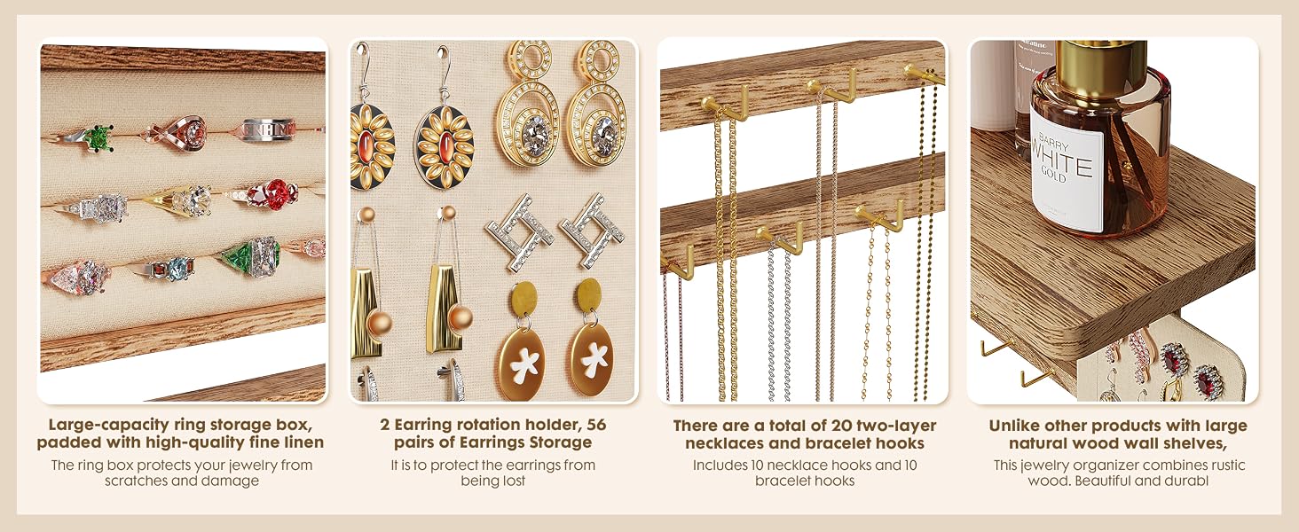 Emfogo Jewelry Organizer Hanging Wall Mounted Jewelry Holder, 5-in-1 Large Capacity Rustic Wood Necklace Wall product details