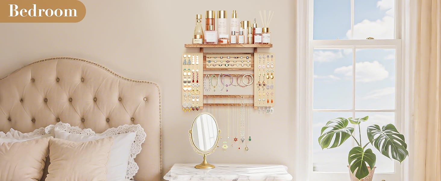 Emfogo Jewelry Organizer Hanging Wall Mounted Jewelry Holder, 5-in-1 Large Capacity Rustic Wood Necklace Wall product details