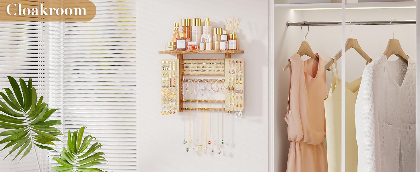 Emfogo Jewelry Organizer Hanging Wall Mounted Jewelry Holder, 5-in-1 Large Capacity Rustic Wood Necklace Wall product details