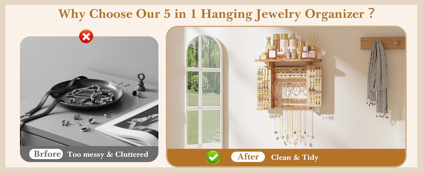 Emfogo Jewelry Organizer Hanging Wall Mounted Jewelry Holder, 5-in-1 Large Capacity Rustic Wood Necklace Wall product details
