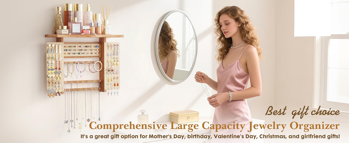 Emfogo Jewelry Organizer Hanging Wall Mounted Jewelry Holder, 5-in-1 Large Capacity Rustic Wood Necklace Wall product details