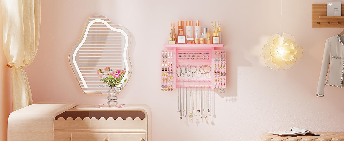 Emfogo Jewelry Organizer Hanging Wall Mounted Jewelry Holder, 5-in-1 Large Capacity Rustic Wood Necklace Wall product details