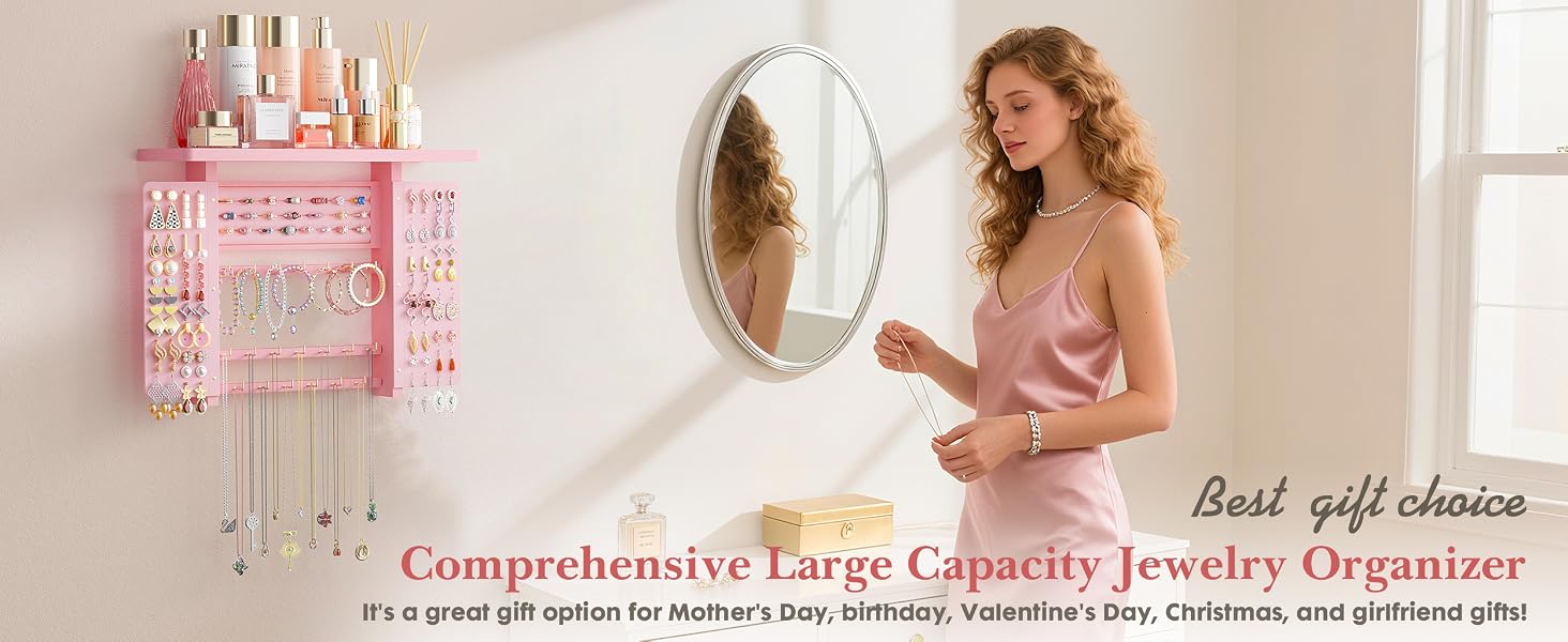 Emfogo Jewelry Organizer Hanging Wall Mounted Jewelry Holder, 5-in-1 Large Capacity Rustic Wood Necklace Wall product details